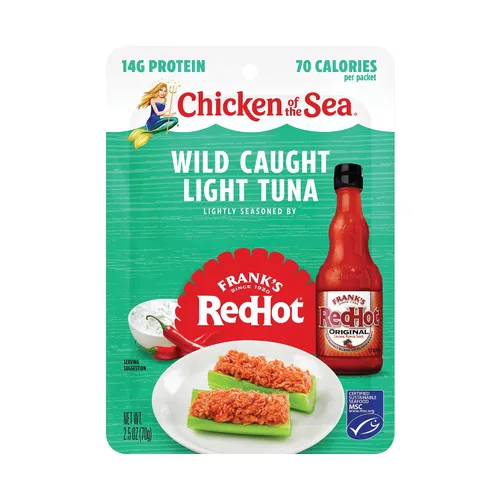 Vista 3 de Chicken of the Sea Frank’s RedHot Atún Claro de Captura Salvaje, 2.5 Onzas Paquetes, 12-Conteo – Atún de Alta Proteína Saborizado con Salsa