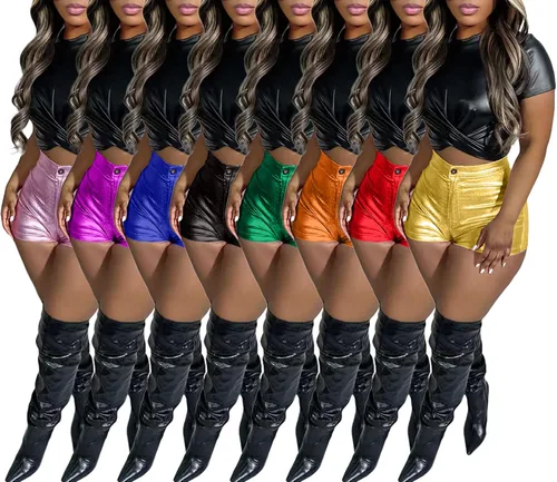 Vista 4 de Adogirl Pantalones cortos de piel sintética para mujer con bolsillos