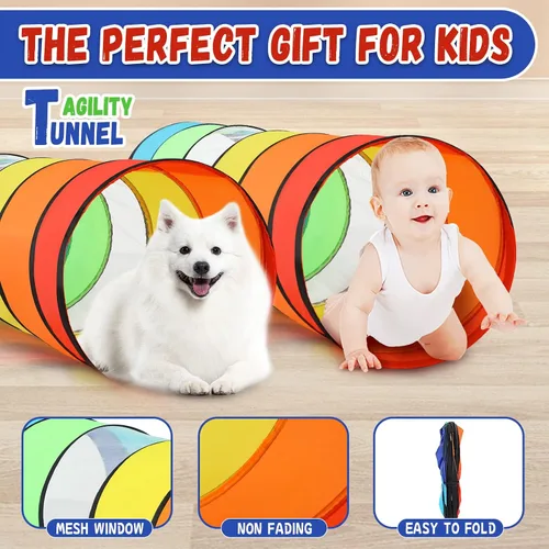 Vista 5 de Moncoland Tienda de campaña de túnel de juego para niños pequeños, paquete de 2 coloridos juguetes de túnel de gateo desplegable para bebés