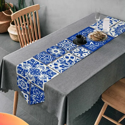 Vista 6 de Camino de mesa de 13 x 90 pulgadas, color azul, de cerámica mexicana, antideslizante, resistente al calor, moderno, ideal para cenas, vacaciones
