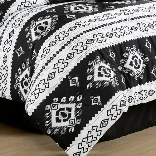 Vista 4 de Chezmoi Collection Indie - Juego de edredón azteca del suroeste de 7 piezas, ropa de cama de microfibra lavada con símbolos geométricos en blanco