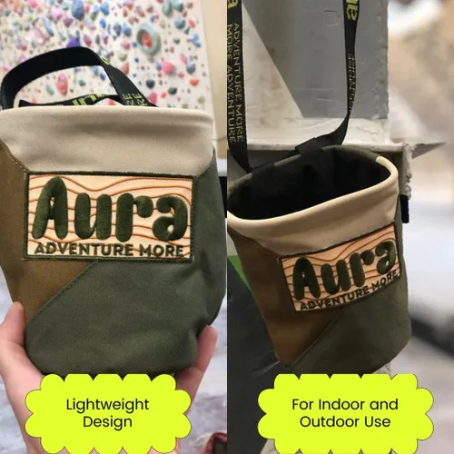 Vista 4 de Aura - Bolsa de tiza para escalada en roca, bolsa de tiza Bouldering con forro polar, cierre de cordón y soporte para cepillo, cinturón ajustable