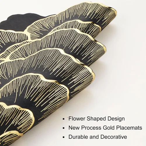Vista 7 de Juego de 6 manteles individuales dorados con flores para mesa de comedor, manteles individuales redondos de vinilo prensado metálico de 15 pulgadas