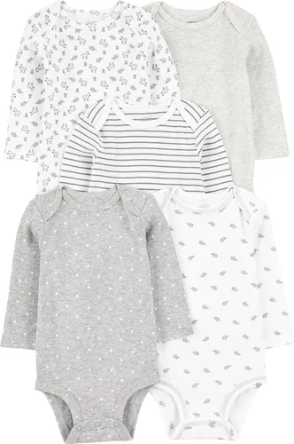 Vista 6 de Simple Joys by Carter's - Body de manga larga para bebé unisex, pack de 5 unidades Rayas azul aguamarina/gris jaspeado/blanco jaspeado/oso/elefantes