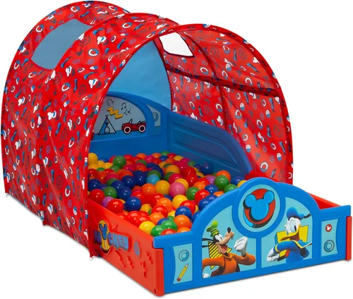 Vista 4 de Delta Children - Cama para dormir y jugar para niños pequeños con tienda de campaña, Mickey Mouse de Disney, Azul/Rojo