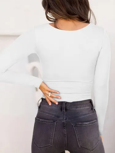 Vista 3 de REORIA - Body sexy de manga larga con cuello cuadrado y doble forro para mujer