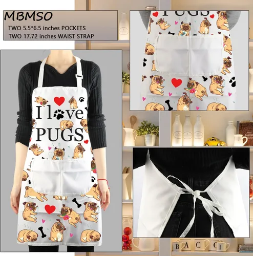 Vista 3 de Delantales para perros de pug, regalos para amantes de los pug, delantal de cocina con bolsillos, delantal de cocina I Love Pugs, regalos