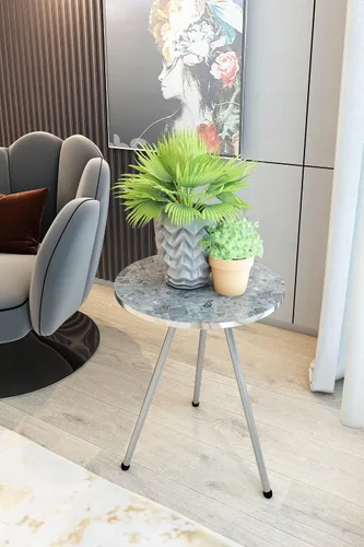 Vista 4 de Juego de 2 mesas auxiliares redondas de madera con aspecto de mármol, mesa auxiliar anidable para espacios pequeños, mesita de noche, sin