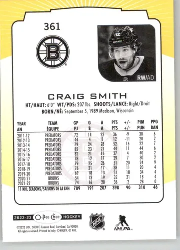 Vista 2 de 2022-23 O-Pee-Chee Yellow Border #361 Craig Smith Boston Bruins NHL Hockey Trading Card