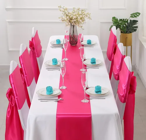 Vista 2 de Horbaunal Paquete de 12 caminos de mesa de satén rosa intenso de 12 x 108 pulgadas, caminos de mesa suaves para banquetes de boda, fiesta de Rosa Hot