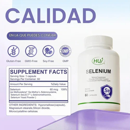 Vista 5 de HUJ Suplemento de selenio, 60 cápsulas, soporte antioxidante, suplemento mineral