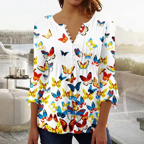 Vista 40 de Ceboyel Blusa tipo túnica con estampado floral para mujer, con botones, estilo Henley, con manga de codo, casual, trajes de moda para mujer