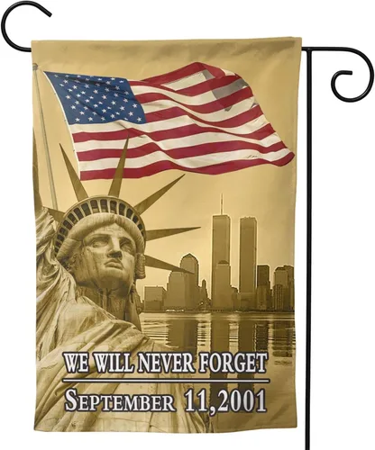 Vista 8 de Bandera de jardín con texto en inglés "We Will Never Forget 9-11" de 12.5 x 18 pulgadas, de doble cara, duradera, resistente a la decoloración
