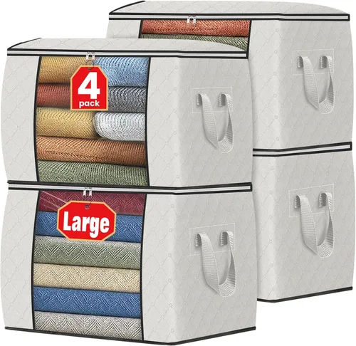Vista 25 de Fab totes Paquete de 3 bolsas de almacenamiento plegables de tela gruesa, contenedores para organizar dormitorio, armario, ropa, edredón, Beige