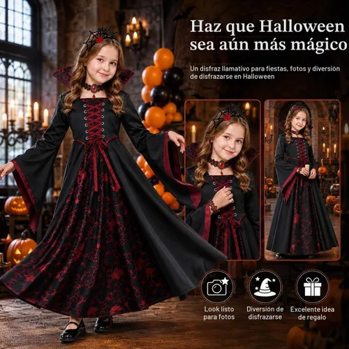 Vista 8 de Doloowee Disfraz de vampiro para niñas, disfraz de Halloween de 4 piezas