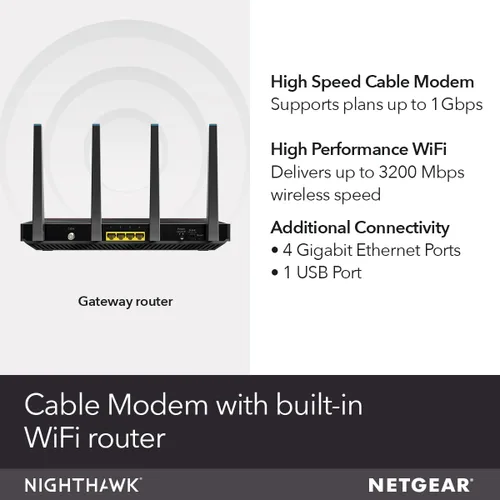 Vista 2 de NETGEAR Nighthawk - Combo de enrutador WiFi para módem por cable (C7800) - Compatible con proveedores de cable, incluyendo Xfinity, de Comcast, Cox