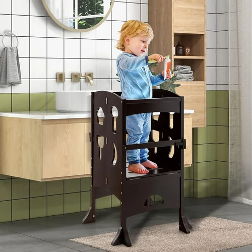 Vista 8 de HONEY JOY Taburete de cocina para niños pequeños, torre de pie de madera con barandilla de seguridad, taburete de aprendizaje plegable Montessori