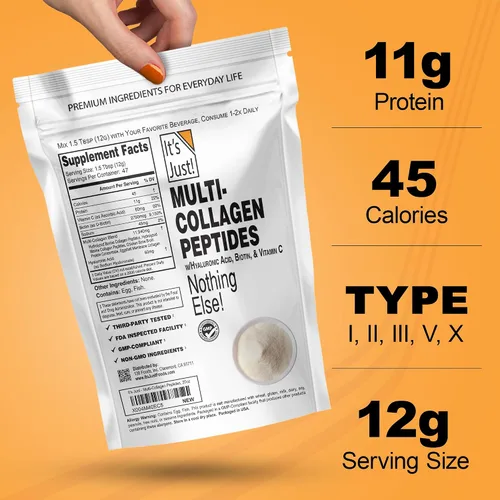 Vista 3 de It's Just! - Péptidos de colágeno múltiple (tipos I, II, III, V, X) con vitamina C, biotina, ácido hialurónico, sin sabor añadido, probado