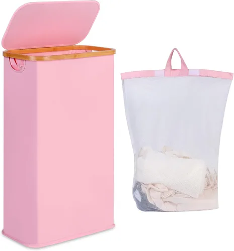 Vista 9 de iEGrow - Cesta de lavandería delgada de 65L, cesta de lavandería estrecha con tapa, cesta de ropa plegable con asas de bambú, cesta de lavandería