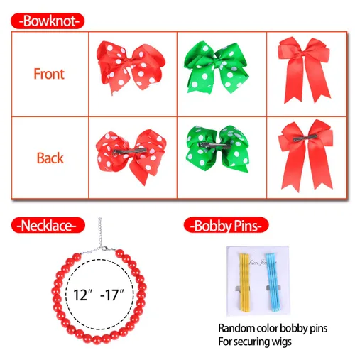 Vista 4 de FantaLook Peluca larga trenzada para niños, para Navidad, cosplay, con collar de cuentas rojas y lazos de lunares rojos y verdes para niños, disfraz