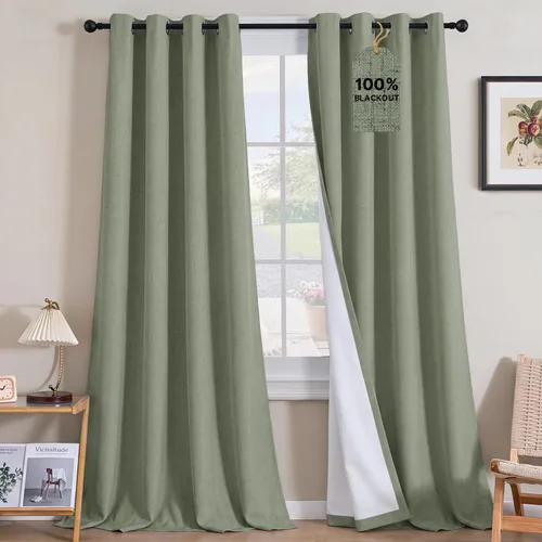 Vista 211 de H.VERSAILTEX Cortinas 100% opacas con aislamiento térmico, texturizadas, de lino, con bloqueo completo de calor y luz, para sala de estar y Negro