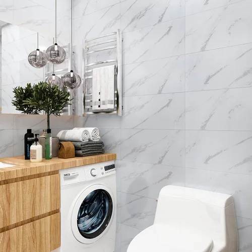 Vista 4 de VEELIKE Azulejos de mármol blanco para despegar y pegar de 12 x 24 pulgadas, suelo de vinilo impermeable para baño, autoadhesivo, extraíble