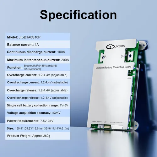 Vista 2 de JKBMS Smart BMS 4S-8S 100A 1A Active Balance Integrado Bluetooth con CAN RS485 PCB Placa de Protección de Batería para Paquete de Batería LiFePO4