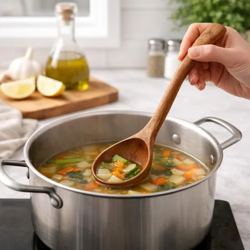 Vista 3 de Prime - Juego de cucharón de madera de teca con soporte para cuchara, cucharón de sopa grande y profundo con mango de gancho para cocinar, servir