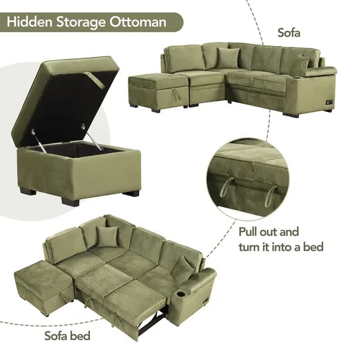 Vista 6 de DHAEY Sofá cama modular de 87.4 pulgadas con diván, moderno sofá cama convertible de lino, sofá en forma de L con otomana de almacenamiento