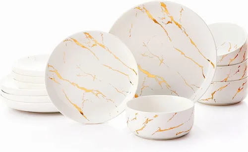 Vista 13 de Pokini Juego de vajilla de porcelana, juego de 12 platos y cuencos de porcelana de lujo, juego de platos verdes con borde dorado para boda