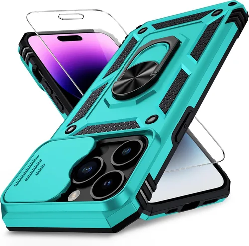 Vista 26 de Funda para iPhone 14 con cubierta para lente de cámara, protector de pantalla HD, protección contra caídas de grado militar de 10 pies, soporte