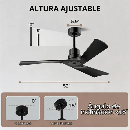 Vista 4 de Obabala Ventilador de techo de 52 pulgadas con control remoto, cuchillas de madera maciza, motor CC de 5000 CFM, silencioso, 35 dB, reversible, 6