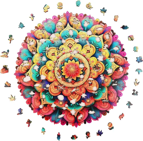 Vista 2 de Mys Aurora Rompecabezas de Madera Únicos - Mandala de Flores, 500 Piezas Tamaño King 16.5'' x 16.4'', Rompecabezas de Madera con Formas Lujosas