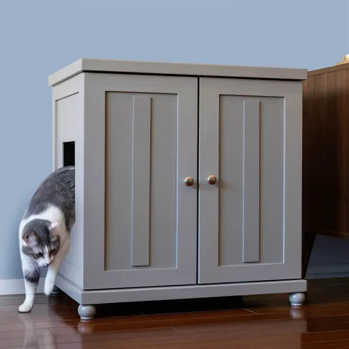 Vista 14 de THE REFINED FELINE Armario de caja de arena para gatos, agitador, gris humo, niveladores ajustables, grande, muebles ocultos para gatos con cajón