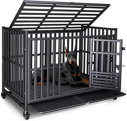 Vista 10 de Jaula para Perros de Servicio Pesado, Jaula Indestructible a Prueba de Escape para Perros con Alta Ansiedad, Perrera de 3 Puertas con 4 Ruedas