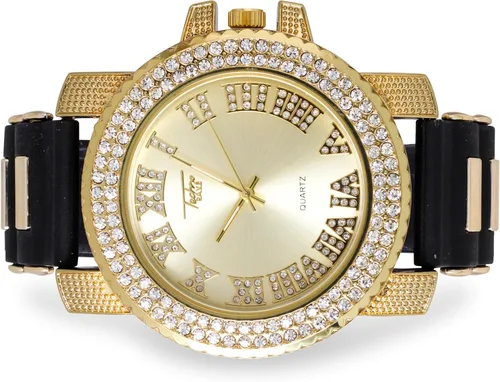 Vista 4 de Techno Pave Reloj de gran tamaño para hombre de 2.047 in con correa de silicona y collar de cruz helada, cadena de cuerda chapada en oro o plata