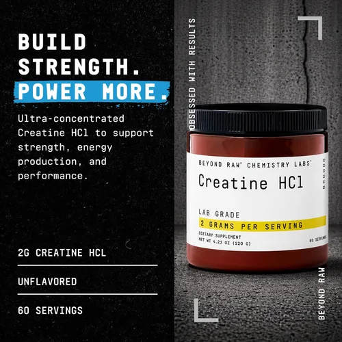 Vista 2 de BEYOND RAW Polvo de creatina HCl, respaldado por la ciencia, grado de laboratorio, creatina para mujeres y hombres, fuerza muscular, producción