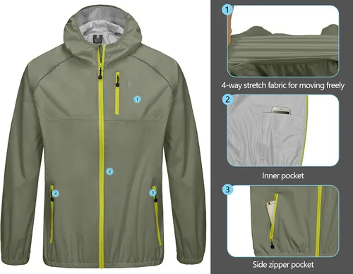 Vista 4 de Little Donkey Andy Chaqueta de lluvia elástica para hombre con capucha, resistente al viento y al agua, plegable