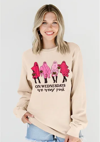 Vista 2 de Ritatte Sudadera de Halloween para mujer los miércoles We Wear Pink Ghost Sweatshirt Spooky Season Casual Fall Pullover Tops