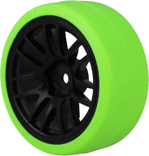Vista 4 de Mxfans Llantas de plástico negro de 14 radios y neumáticos lisos verdes para RC 1:10 On Road Racing Car Juego de 4