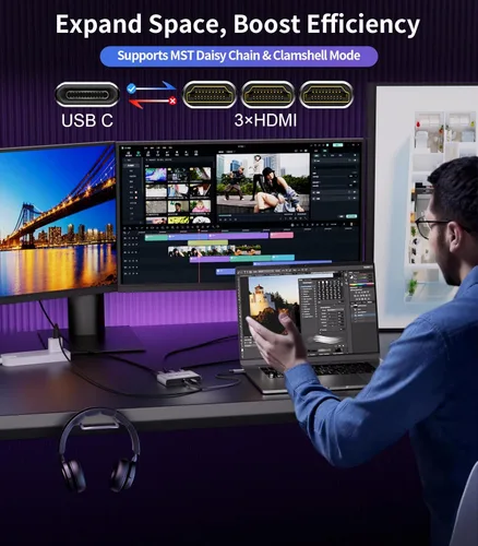 Vista 3 de Adaptador USB C a 3 × HDMI Divisor HDMI 4K60Hz Pantalla extendida Hub MST de 1 en 3 salidas con PD de 100 W para múltiples monitores convertidor