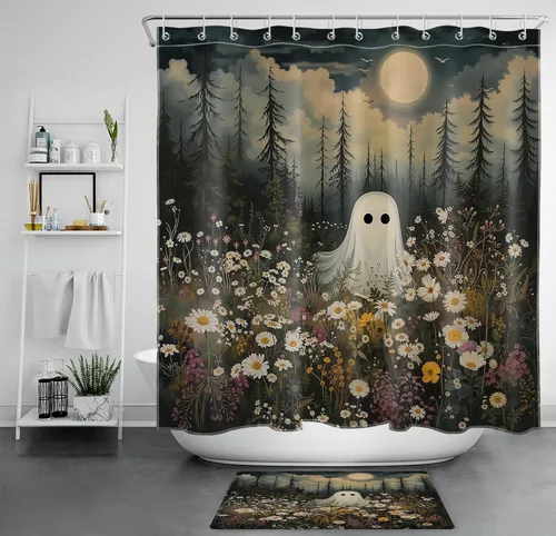 Vista 18 de LB Cortina de ducha espeluznante de Halloween, lindo fantasma en flores, árbol negro, luna llena, cortinas de ducha para baño, tela de poliéster