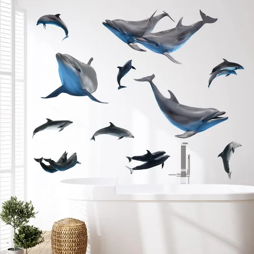 Vista 6 de Calcomanías de pared de delfín nariz de botella extraíbles 3D, calcomanías de pared de delfín para despegar y pegar, decoración de pared de delfines