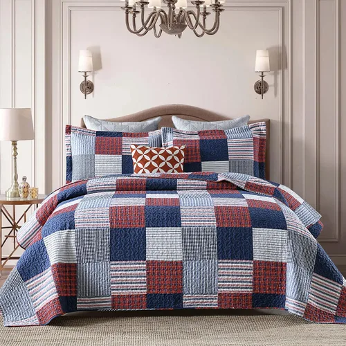 Vista 13 de Finlonte Edredones Tamaño Queen - Juego de Edredón Queen de Algodón 100% a Cuadros, Juego de Ropa de Cama de Granja Moderna, Colcha Reversible