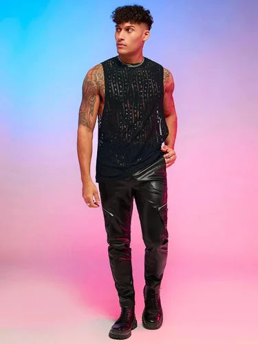 Vista 5 de WDIRARA Camiseta sin mangas con lentejuelas con purpurina y cuello redondo para hombre, corte abierto, para fiesta de club