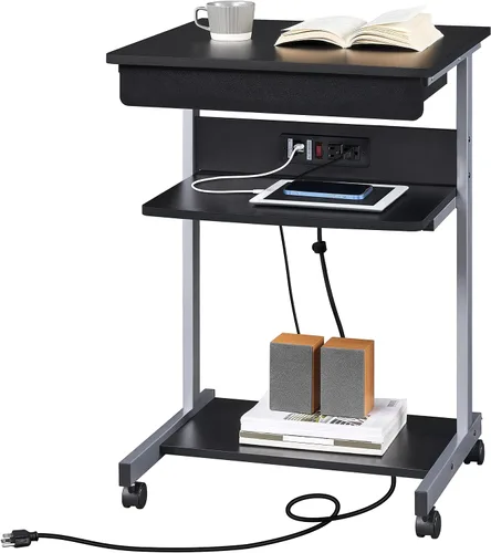 Vista 8 de Yaheetech - Escritorio pequeño para computadora con toma de corriente, carrito para laptop, color negro A Small Rolling Desk with a Power Outlet