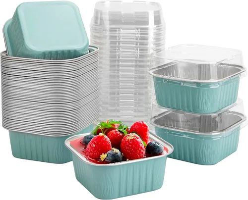 Vista 14 de 50 Pcs Mini Square Baking Cups with Lids,5oz Aluminum Foil Mini Cake Pans with Lids,Disposable Ramekins Cake Pans,150ml Dessert Cups Cupcake Pans