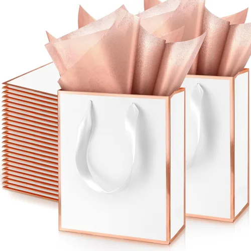 Vista 21 de Yeaqee Paquete de 100 bolsas metálicas de regalo con asa y papel de seda de papel de seda dorado para graduación, boda, padrinos de boda, regalos