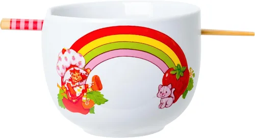 Vista 20 de Silver Buffalo Strawberry Shortcake - Tazón de cerámica vintage para ramen con palillos, apto para microondas, 20 onzas