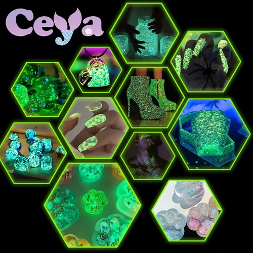 Vista 6 de Ceya Juego de purpurina que brilla en la oscuridad, 18 colores, 6.3 onzas/6.35 oz, mezcla de purpurina gruesa luminosa, copos de polvo fino